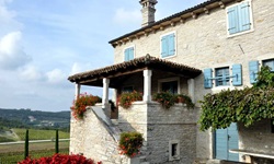 Ein mit Blumen geschmücktes istrisches Weingut, im Hintergrund sind die Weinanbauflächen zu sehen.