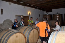 Eine Radlergruppe wird von einer Weingutbesitzerin durch ihren Weinkeller geführt.