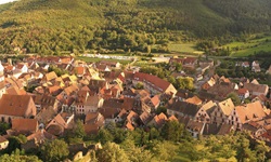Blick von einem Aussichtspunkt aus auf die Gemeinde Kaysersberg im Elsass