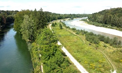 Weiß geschotterte Rad- und Wanderwege inmitten einer bayerischen Flusslandschaft.