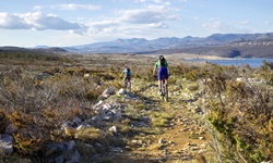 Zwei Mountainbiker genießen es, auf einem Naturtrail über die Insel Krk zu biken.