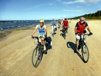 Eine Radlergruppe fährt direkt am Ostseestrand entlang.