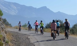 Eine große Radlergruppe fährt eine steile Straße hinauf