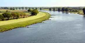 Schöner Panoramablick auf eine von grünen Wiesen und Bäumen gesäumte Flussbiegung der Maas.