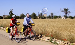 Ein Radlerpärchen auf Mallorca fährt auf einem asphaltierten Radweg an blühenden Mohnblumen und einem Getreidefeld vorbei. Im Hintergrund sind Palmen und eine Windmühle zu erkennen.