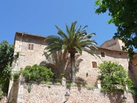 Blick auf ein typisch mallorquinisches Haus mit einer Palme auf der Terrasse
