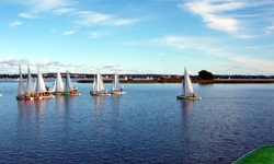 Eine Gruppe Segelboote auf einem See der Masurischen Seenplatte