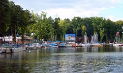 Blick auf den Hafen mit seinen zahlreichen Booten in Niedersee