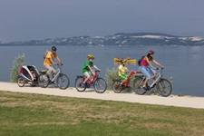 Eine Familie fährt mit Nachziehrädern und einem Kinderanhänger an einem See im Schweizer Mittelland entlang.
