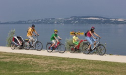 Eine Familie fährt mit Nachziehrädern und einem Kinderanhänger an einem See im Schweizer Mittelland entlang.