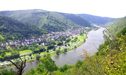 Die Mosel schlängelt sich an einem Dorf und an einem Campingplatz vorbei