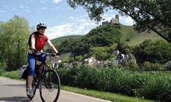 Eine Radlerin fährt auf dem Mosel-Radweg entlang, im Hintergrund sind eine Burgruine und ein Dorf zu sehen
