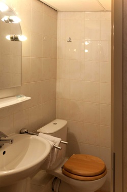 Detailblick in das Badezimmer mit WC und Waschbecken auf der Fluvius