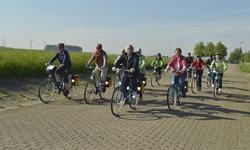 Eine radlergruppe fährt auf einer breiten gepflasterten Straße durch Holland