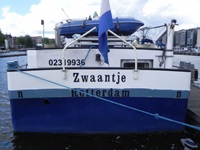 Blick auf das Heck der aus Rotterdam stammenden MS Zwaantje.