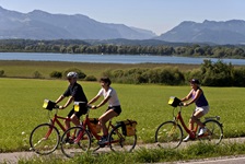 Fahrradfahrer radeln auf einem Radweg durch die bayrische Landschaft mit See und der einzigartigen Alpenkulisse