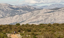Mountainbiker fahren auf einem Schotterweg durch die Landschaft eines Nationalparks in Dalmatien hinab - hinter ihnen sind die Kulissen der gigantischen Berge Kroatiens zu sehen