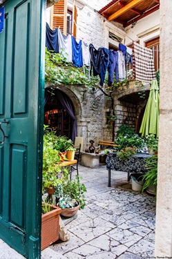 Dorfidyll in Dalmatien mit trocknender Wäsche in einer begrünten Gasse.