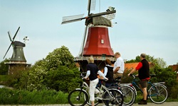Eine Radlergruppe macht Pause und bestaunt die Windmühlen von Greetsiel.