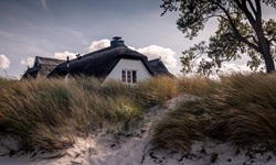 Ein mit Reet gedecktes Haus erhebt sich über den Dünen der Halbinsel Fischland/Darß.