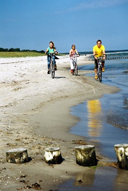 Drei Fahrradfahrer fahren am Strand der Ostsee entlang