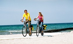 Zwei Fahrradfahrer radeln am Deich der Ostsee entlang