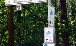 Ein Radweg-Schild des Berlin-Kopenhagen-Radwegs an einer Kreuzuung