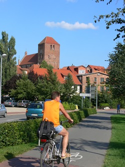 Ein Radfahrer fährt auf einem Radweg zu einer Stadt an der Mecklenburgischen Seenplatte