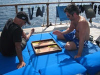 Zwei junge Männer spielen auf einer der blauen Liegematten, mit denen das Sonnendeck der Panagiota ausgelegt ist, eine Partie Backgammon.