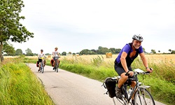Drei Radfahrer radeln auf einem asphaltierten Weg an einem Feld in Dänemark vorbei