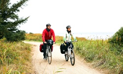 Zwei Radfahrer fahren auf einem befestigten Sandweg durch die Landschaft an der Küste Dänemarks entlang