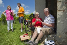 Vier Radler machen in einem Weinberg Pause und genießen im Schatten eines Gebäudes ein Picknick.