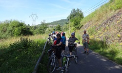 Eine Radlergruppe in Lothringen macht auf einem asphaltierten Radweg Pause und wartet auf die Nachzügler.