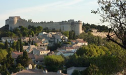 Blick auf eine Stadt mit Burg im Hintergrund in der Provence
