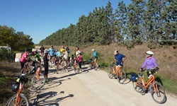 Eine Fahrradgruppe macht eine kurze Pause auf einem Schotterweg