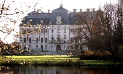 Blick über den Teich zum Palast in Pszyna