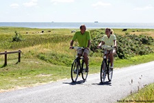 Zwei Radfahrer auf einer Straße durch die Landschaft von Föhr