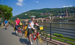 Radler am Neckarufer bei Heidelberg. Im Hintergrund sind die Alte Brücke und das Schloss zu erkennen.