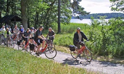 Eine Gruppe Fahrradfahrer radeln einen Radweg entlang