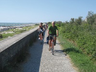 Zwei Radler auf einem von einer Mauer begrenzten, asphaltierten Radweg in der Po-Ebene.