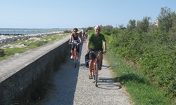 Zwei Radler auf einem von einer Mauer begrenzten, asphaltierten Radweg in der Po-Ebene.