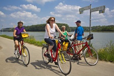 Radler auf einem asphaltierten Radweg am pfälzischen Rheinufer.