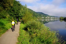 Blick auf den geteerten Radweg mit Radlern links neben der Mosel