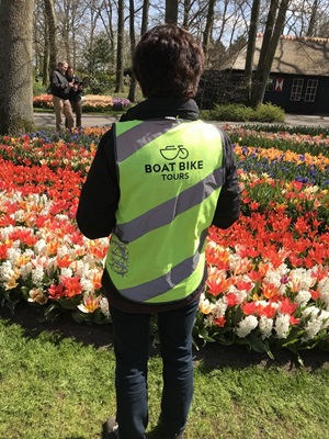 Reiseleiterin blickt auf auf ein Blumenfeld im botanischen Garten Keukenhof in Holland