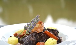Eine Portion Boeuf Bourguignon mit Möhren, Kartoffeln und zwei dekorativen Lavendelzweigen.