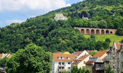Blick auf das Rheinufer und einem großen Gebäude auf einem Berg