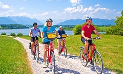 Vier Radler auf einem weiß gekiesten Radweg am Riegsee.