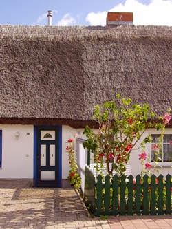 Ostseeidyll mit reetgedecktem Haus und einem schönen Garten davor.