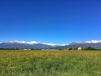 Schneebedeckte Alpengipfel bei Saluzzo.