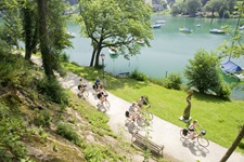 Eine Gruppe von sechs Radlern fährt auf einem asphaltierten Radweg am Mattsee entlang.